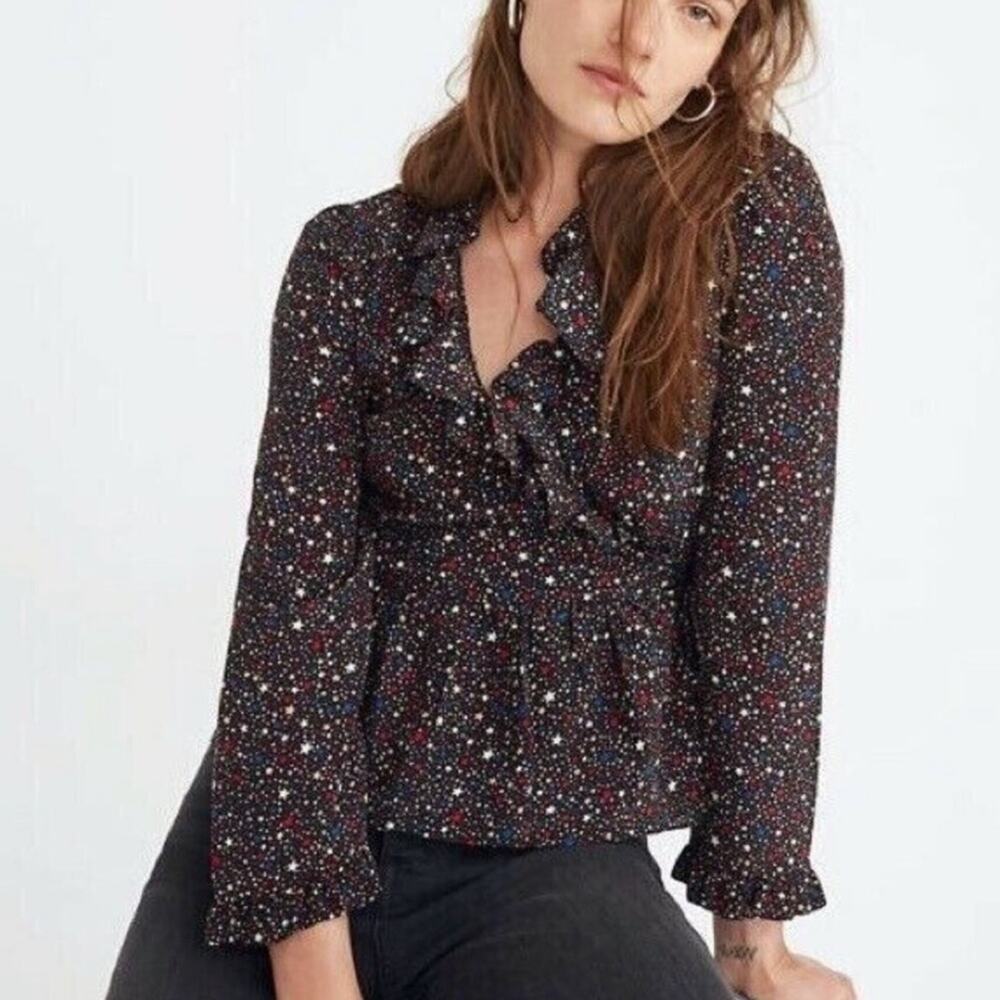 Madewell Silk Ruffle-Hem Wrap Long Sleeve Top in Starry Night Size M
